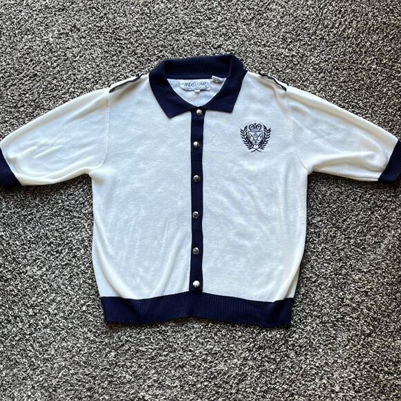 Vintage 80s Andrea Gayle Cardigan Sweater Women Small Blue Embroidered Crest - Picture 1 of 7